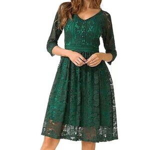Vintage Style AMII Green Lace Midi Dress V-Neck 3/4 Sleeves Women's Medium